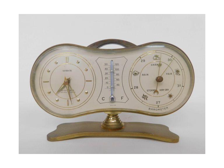 Route 8 Auctions Vintage Brass Desktop Clock & Weather Station