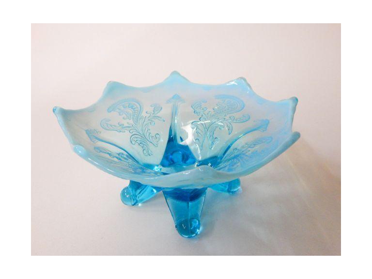 Route 8 Auctions Blue Opalescent Art Glass Footed Bowl